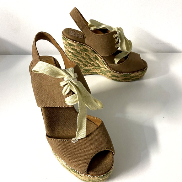 Tory Burch Linley Espadrille Wedge Sandal Platform Lace Up Brown Canvas … - Picture 3 of 8